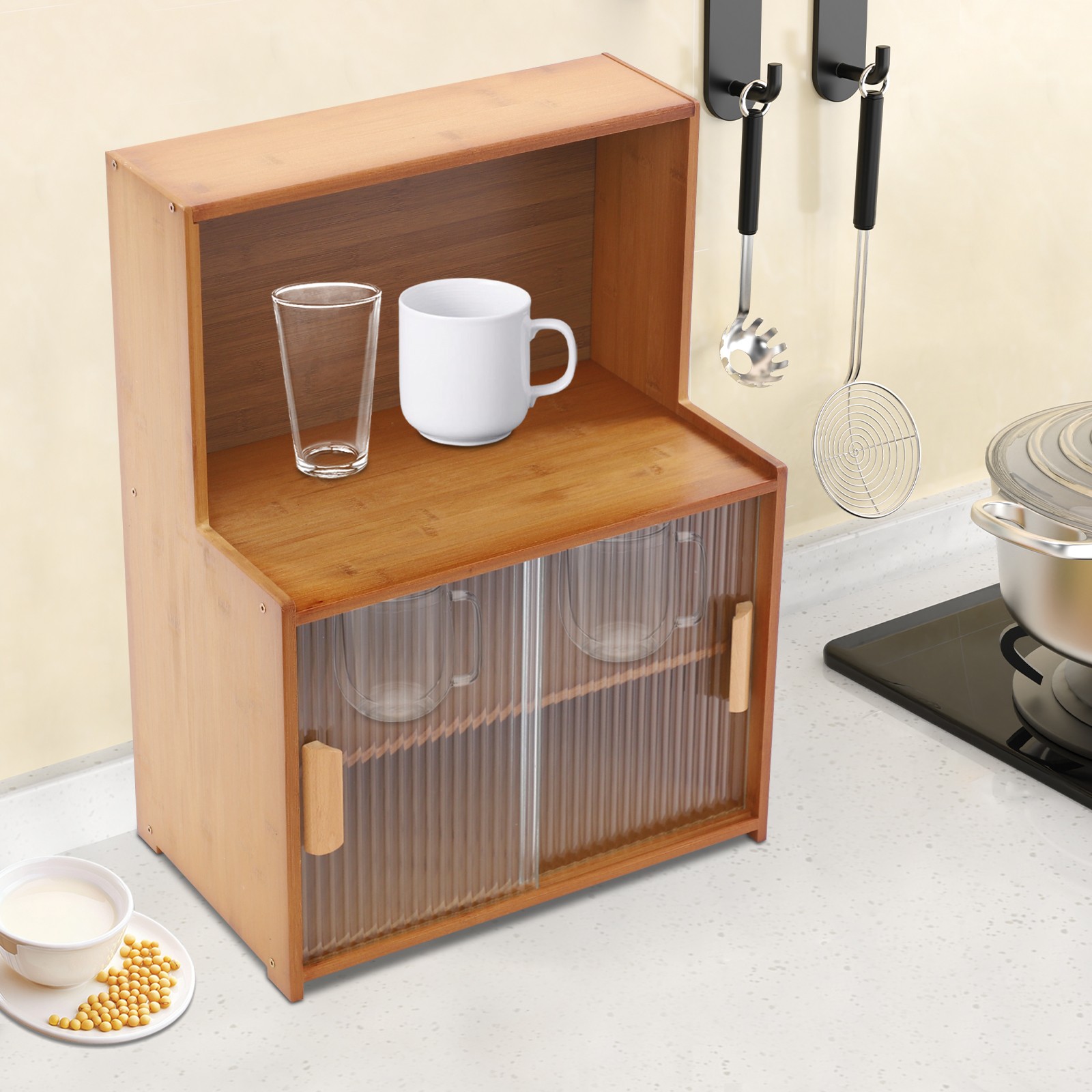 Kitchen Cabinet W/Sliding Doors Kitchen Storage Cabinet Adjustable Tier Height