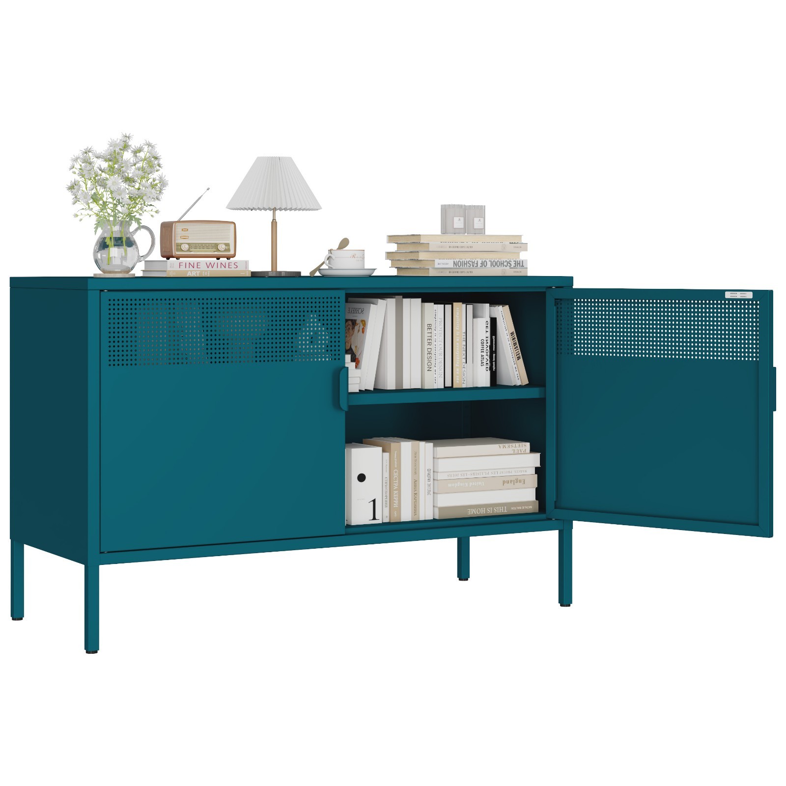 Blue Metal Storage Cabinet,2 Door TV Stand, Metal Mesh Accent Cabinet