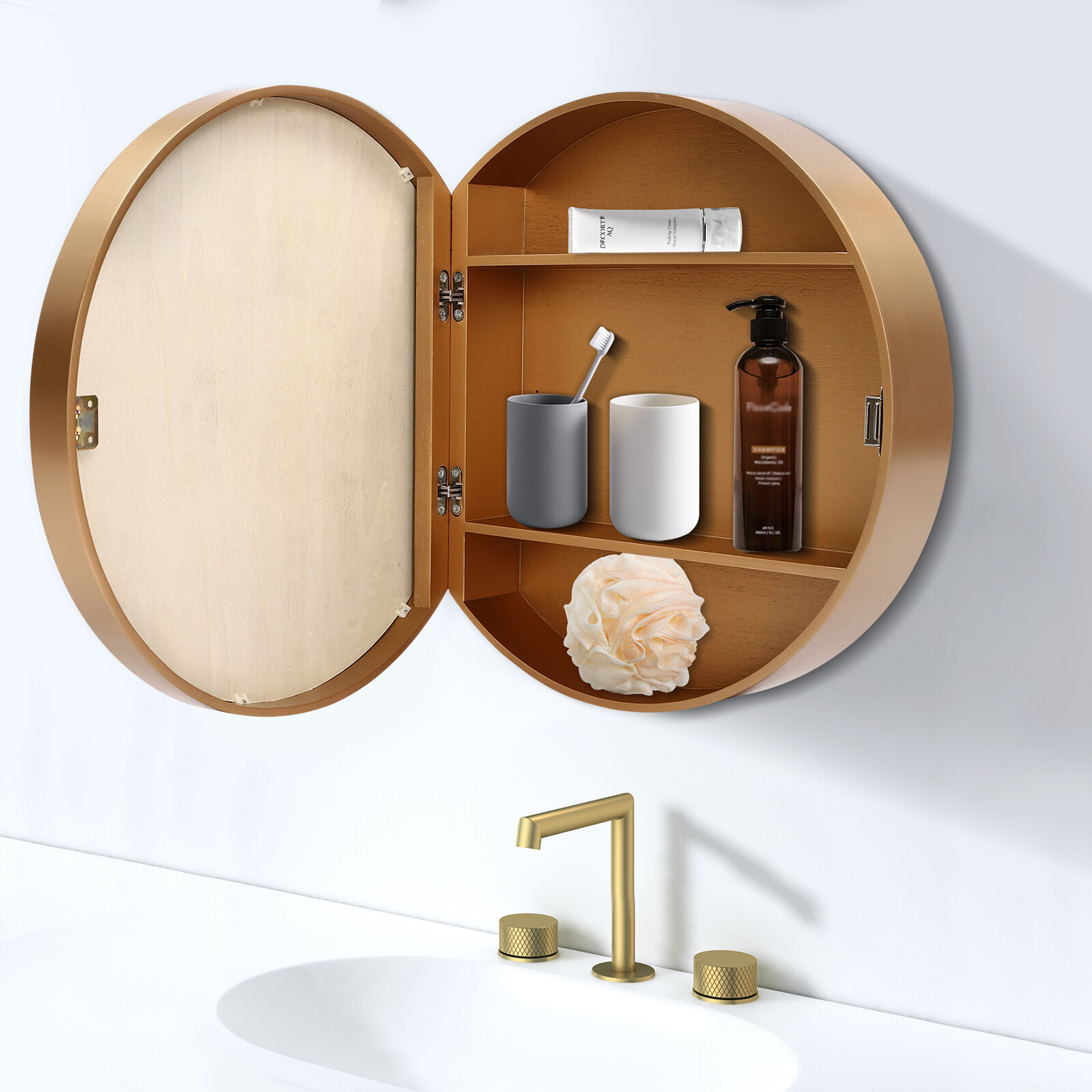 Round Gold Bathroom Mirror Cabinet Wall-mounted Organizer Makeup Mirror Cabinet