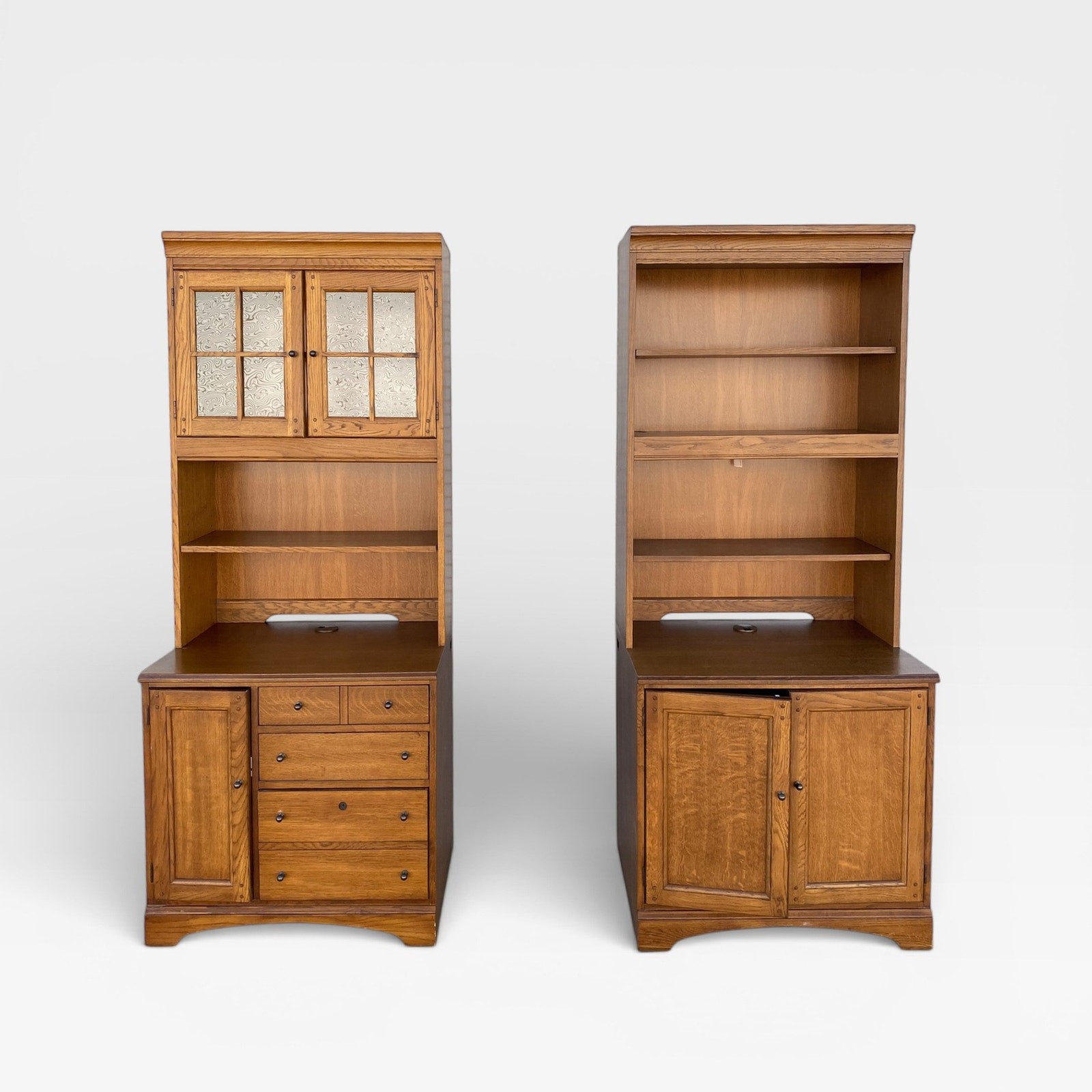 Oak Cottage Hutch Cabinets Pair with Glass Doors & Storage Base