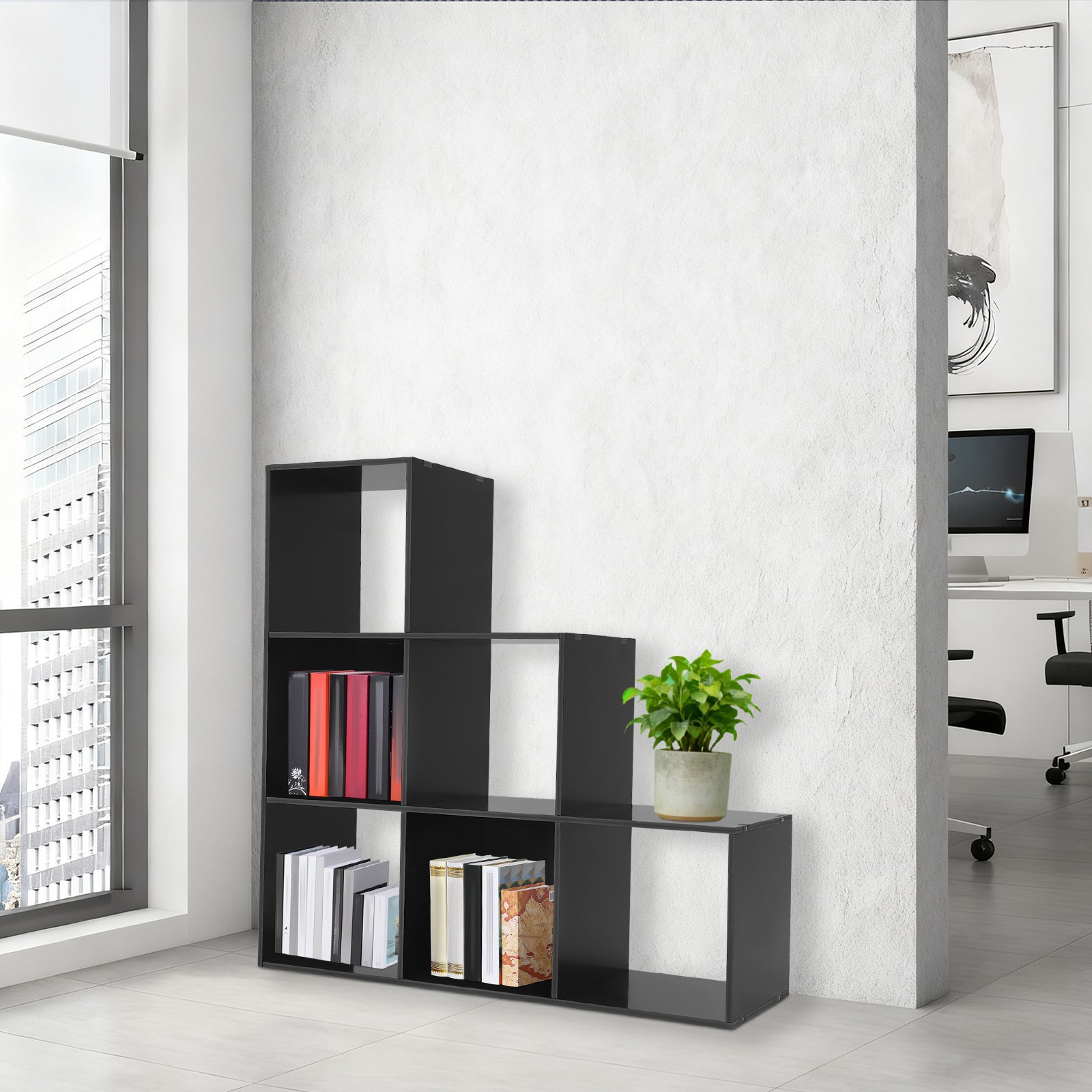 Black 6-cube L-shaped Storage Bookcase Freestanding L-shaped Stepped Bookcase