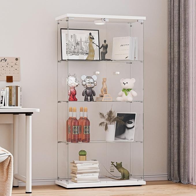 Glass Display Cabinet 4-Shelf 2 Doors Tempered Glass Floor-Standing Bookshelf