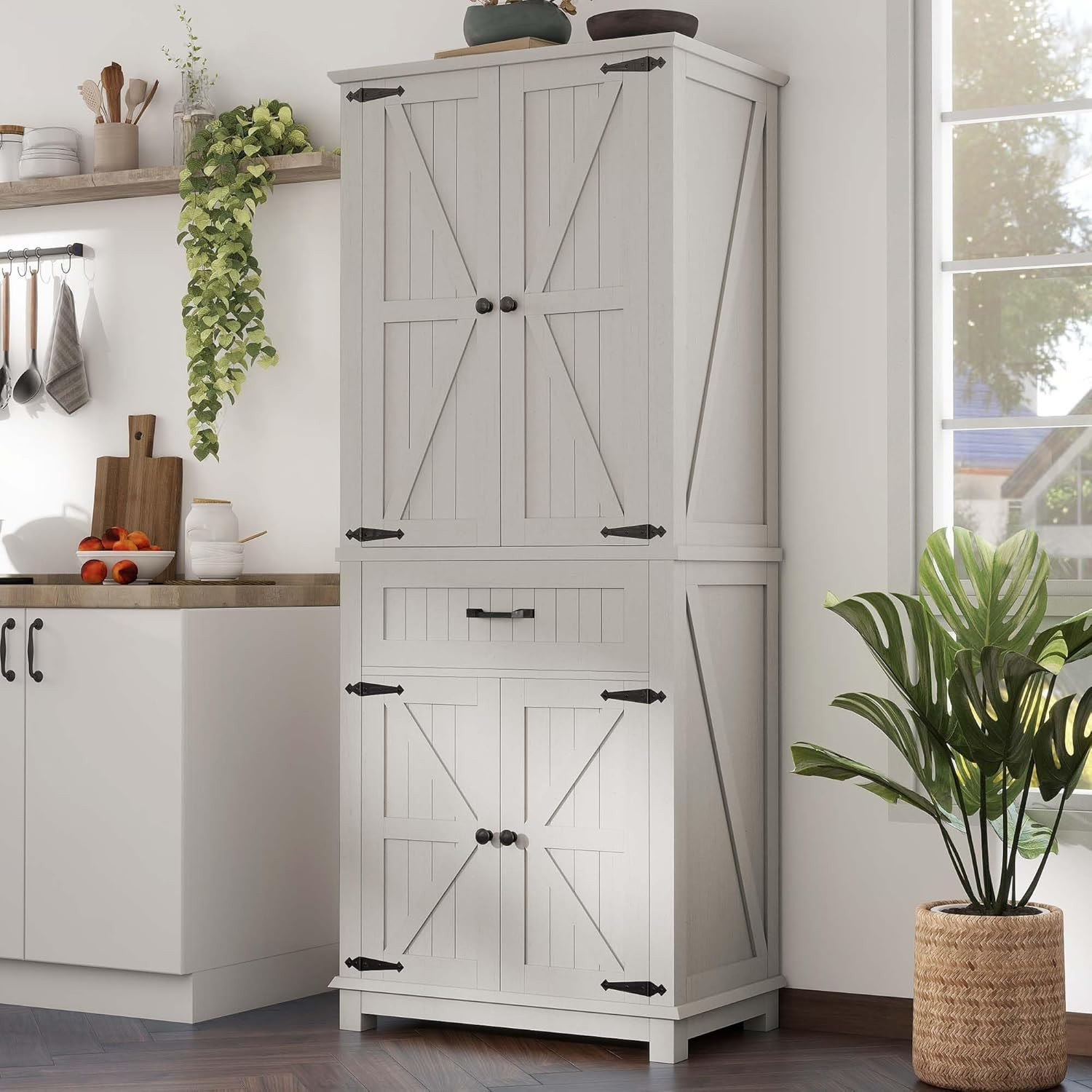 72″ Rustic Farmhouse Pantry Cabinet with Barn Doors & Adjustable Shelves