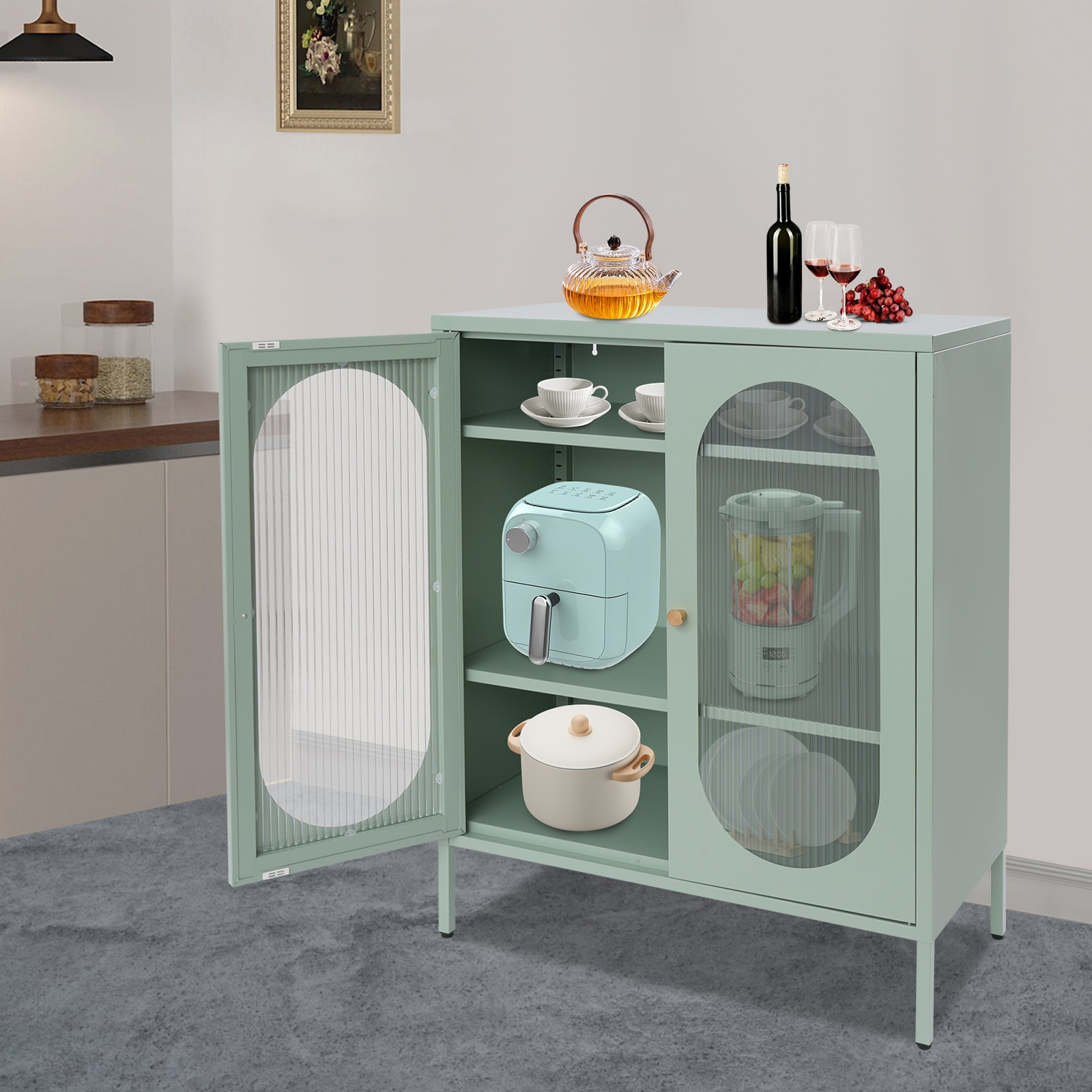 3 Tiers Storage Cabinet, Iron Accent Cabinet, Pantry Organizer (Creamy Green)