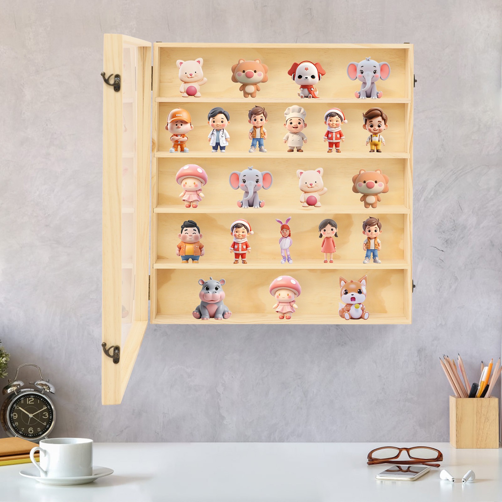50*9*56cm Toy Display Case, 5 Tiers Wooden Display Cabinet, Wall-Mounted Cabinet