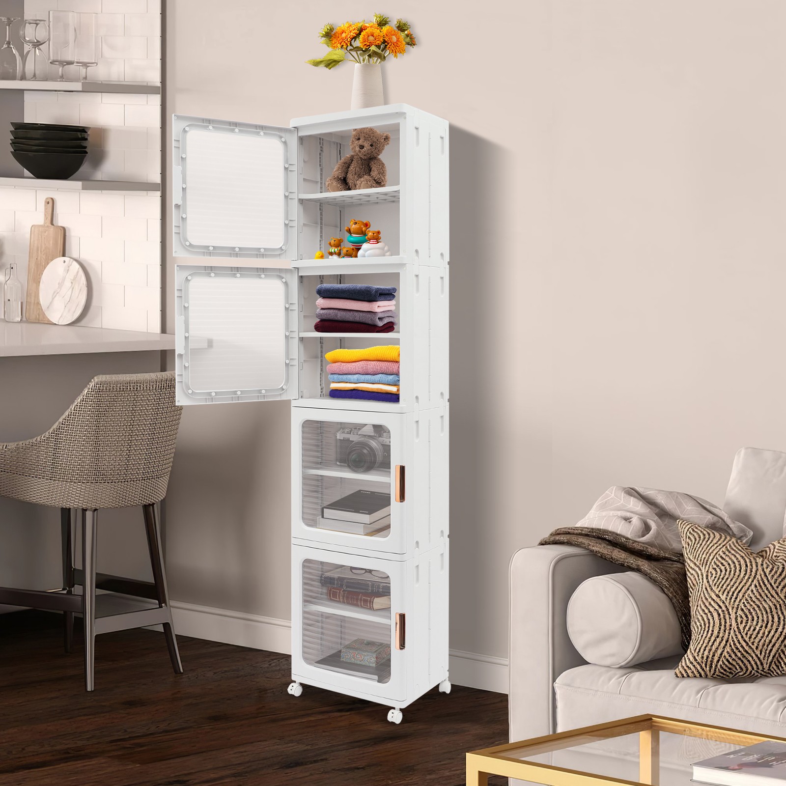 4-Tier Tall Narrow Storage Cabinet Organizer, Slim Bathroom Cabinets with Doors