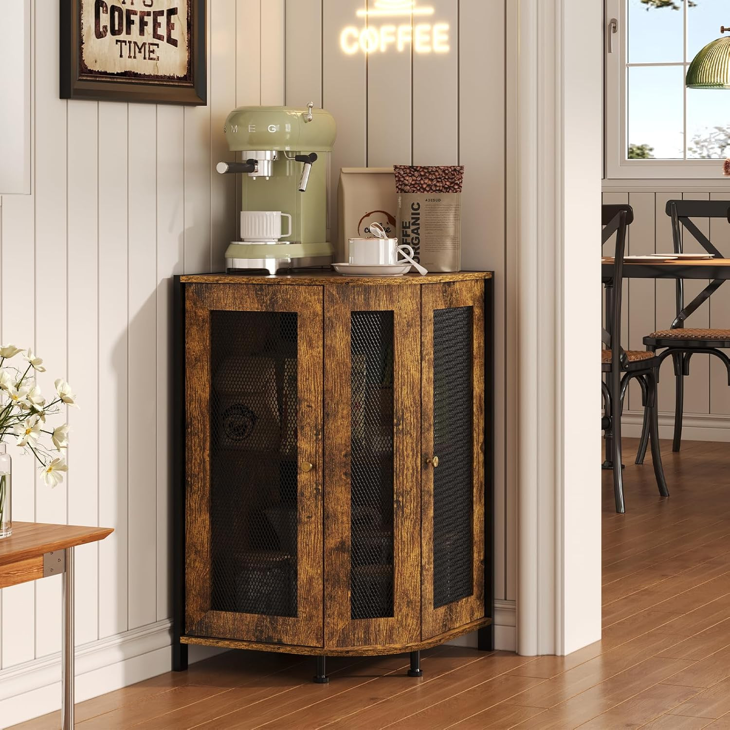 Coffee Bar Cabinet, 3-Tier Corner Coffee Cabinet with Storage Shelf & 18.7″ Coun