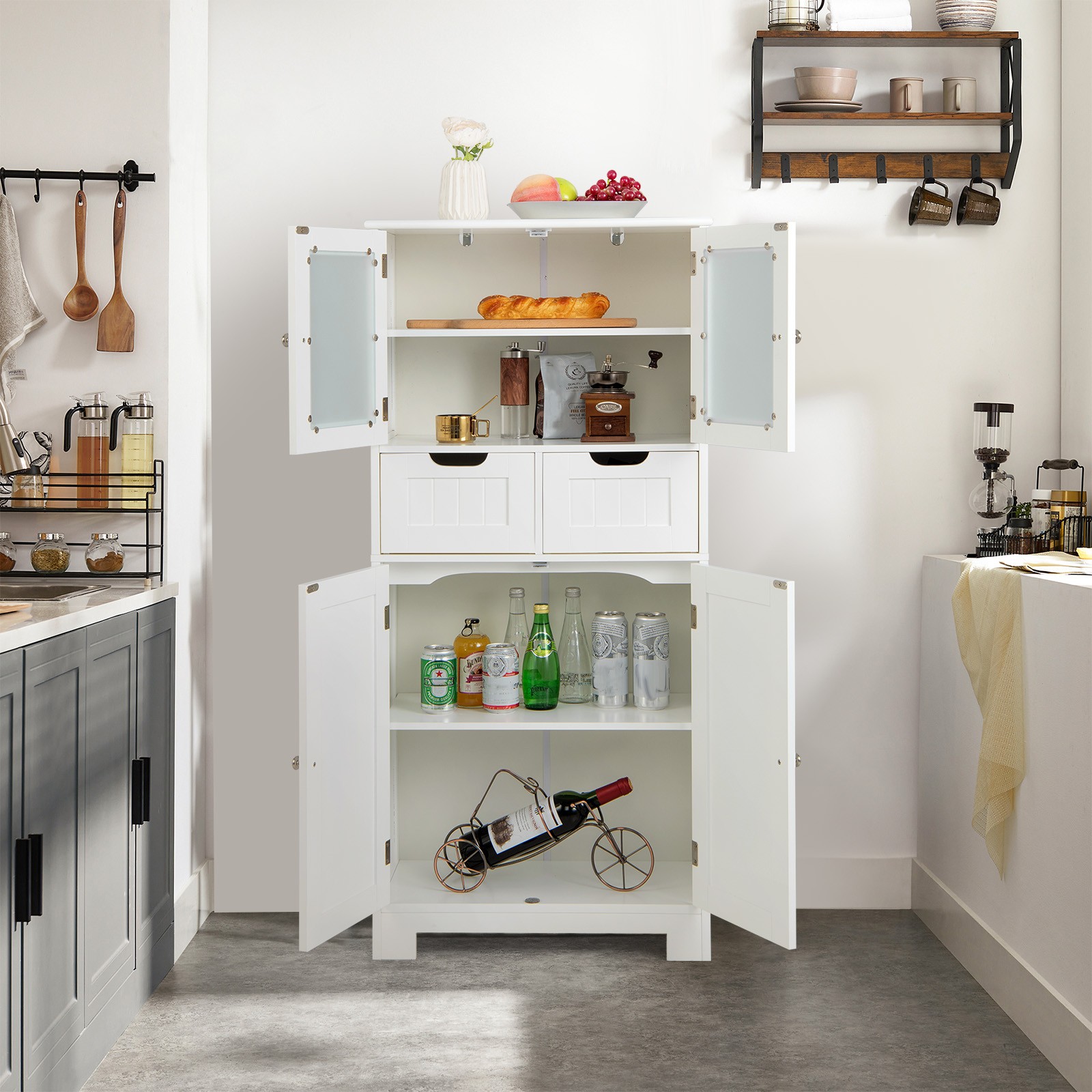 4-Tier Floor Cabinet Freestanding Cabinet w/Adjustable Shelves&4 Raised Legs