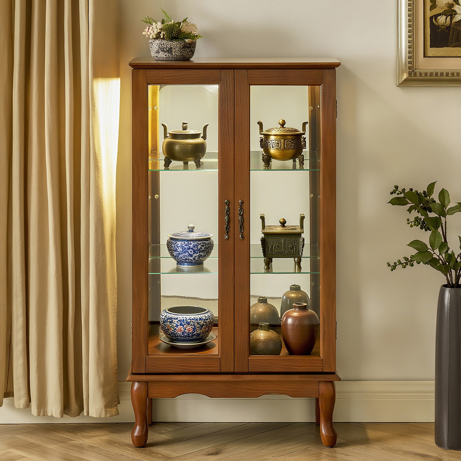 Lighted Curio Cabinet, 3-Tier Display Cabinet w/Glass Doors & Adjustable Shelves