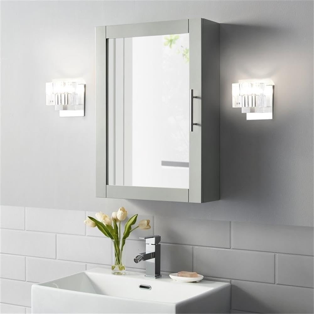 Modern MDF Wood Mirrored Wall Cabinet, 26″ H x 18″ W x 6″ D, Gray and Clear