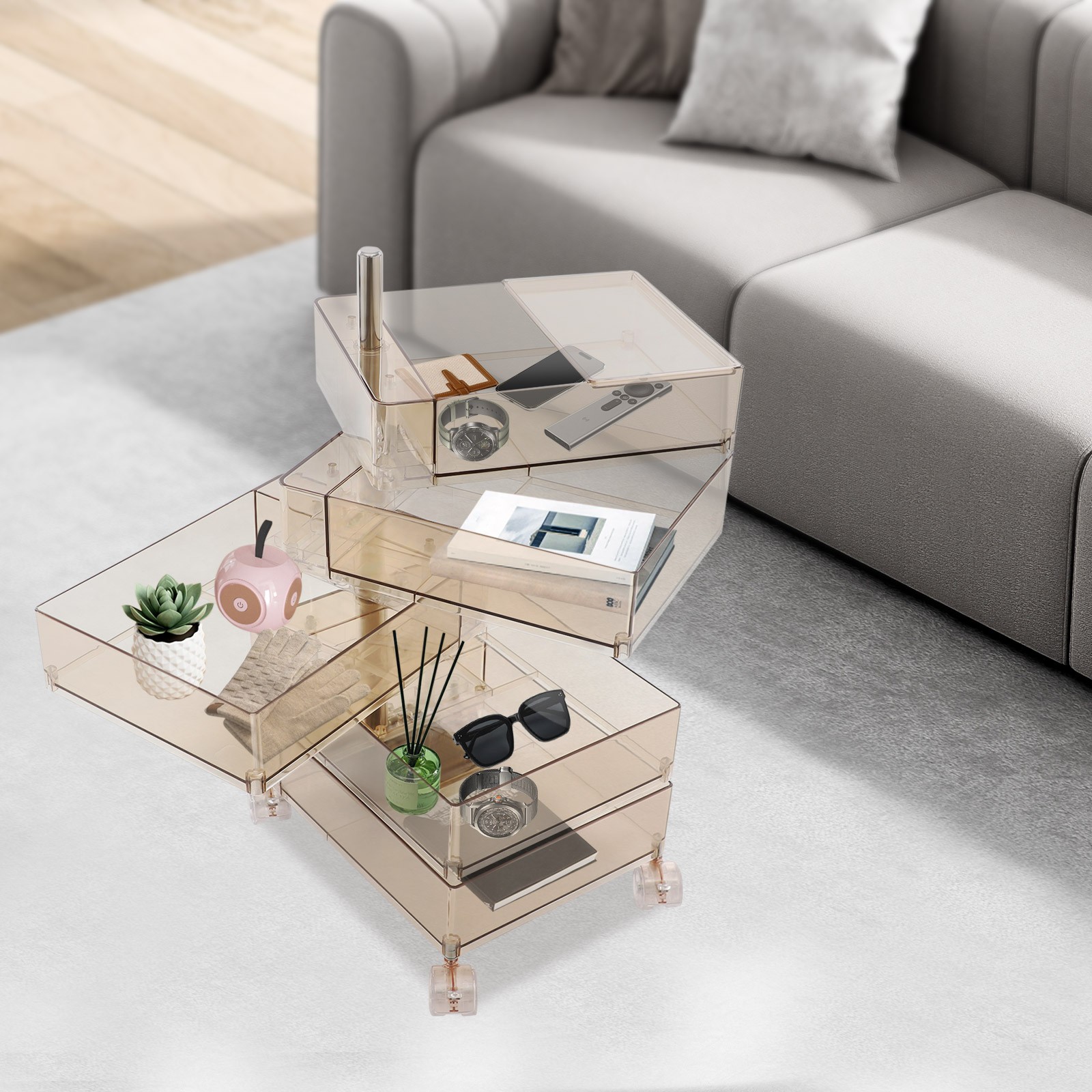Clear Khaki 360° Rotating Storage Bedside Cabinet W/ 5 Tiers& Wheels For Offices