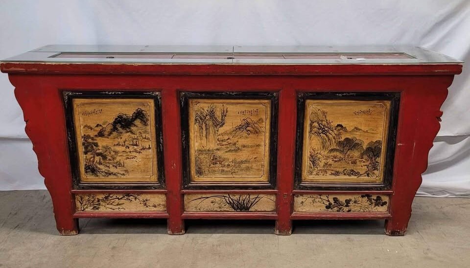 Hand Painted Red Gansu 85.5″ Sideboard Cabinet Chinese/Asian Style