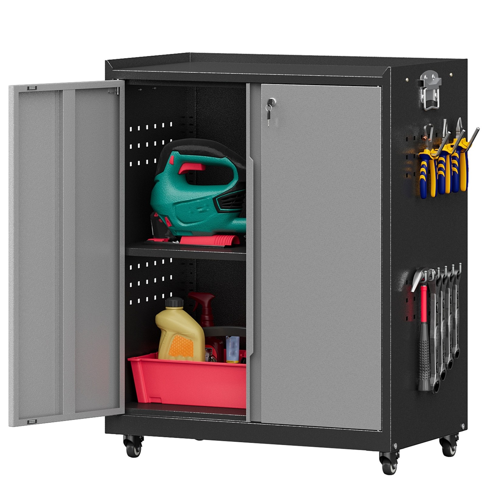 Lockable Storage Cabinet Rolling Metal Home Garage Cabinet with Adjustable Shelf