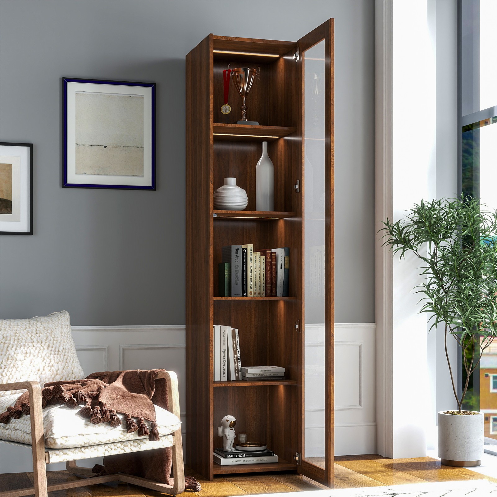 Display Cabinet with 5 Shelves LED Lights Acrylic Doors Walnut