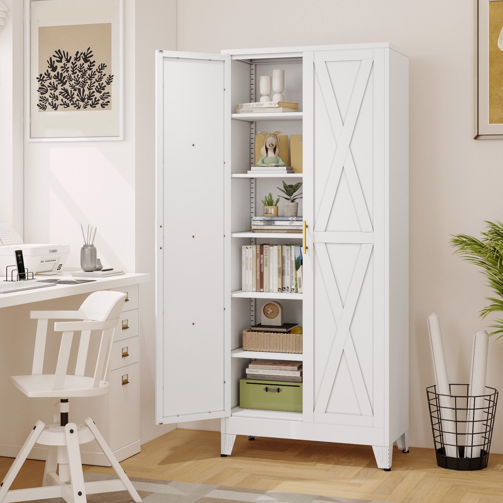 75″ Freestanding Cupboard, 2 Doors & 5 Shelves, Metal Pantry for Kitchen & Bath