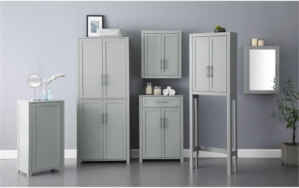 Modern MDF Wood Mirrored Wall Cabinet, 26″ H x 18″ W x 6″ D, Gray and Clear