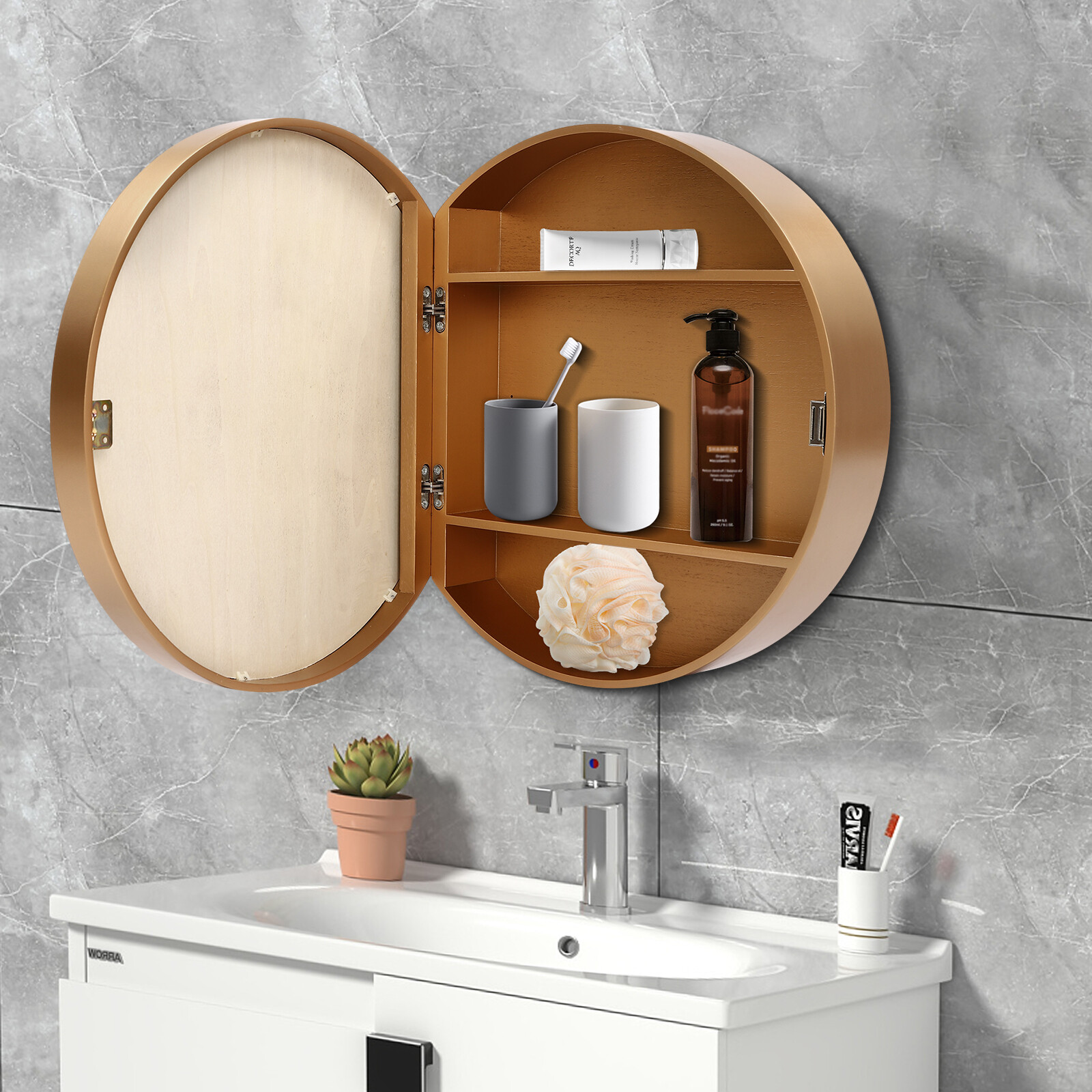Round Gold Bathroom Mirror Cabinet Wall-mounted Organizer Makeup Mirror Cabinet