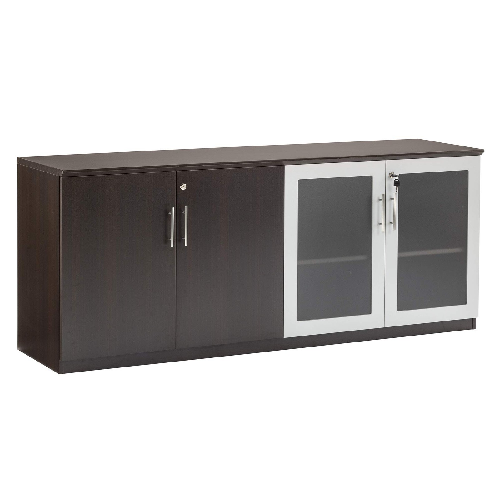 Pemberly Row Low Wall Cabinet with Doors (Wood-Glass Door) in Mocha