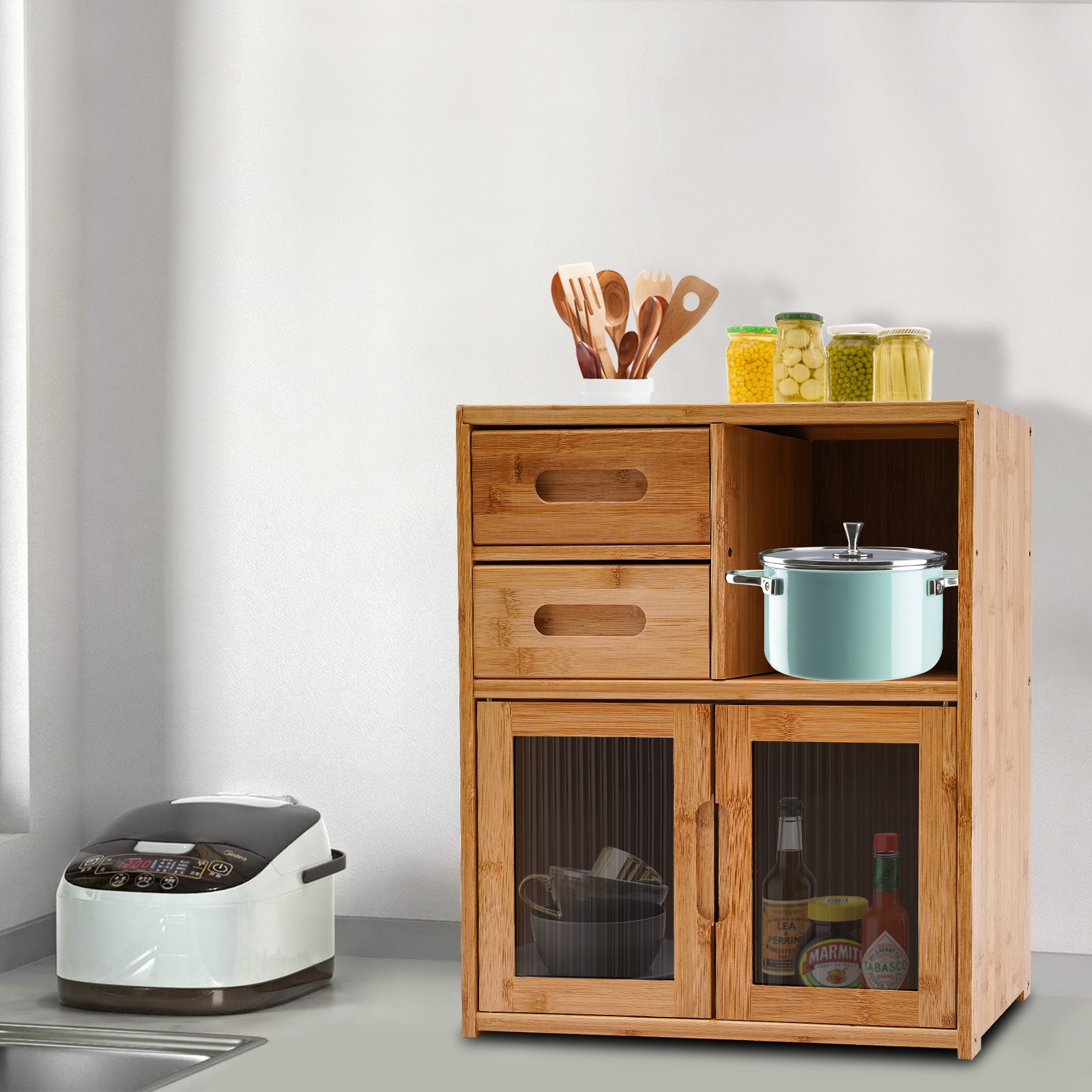 18.9in Tall Kitchen Pantry Sideboard Bamboo Kitchen Storage Cabinet with Drawer