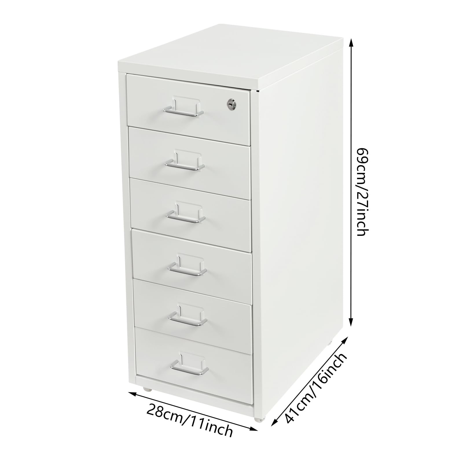 6 Drawer Vertical File Cabinet Rolling Wheels Cold Rolled Steel 27 Inch White