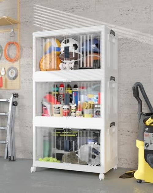 97QT Stackable Lockable Storage Bins with Lids – Folding Cabinet with Doors &
