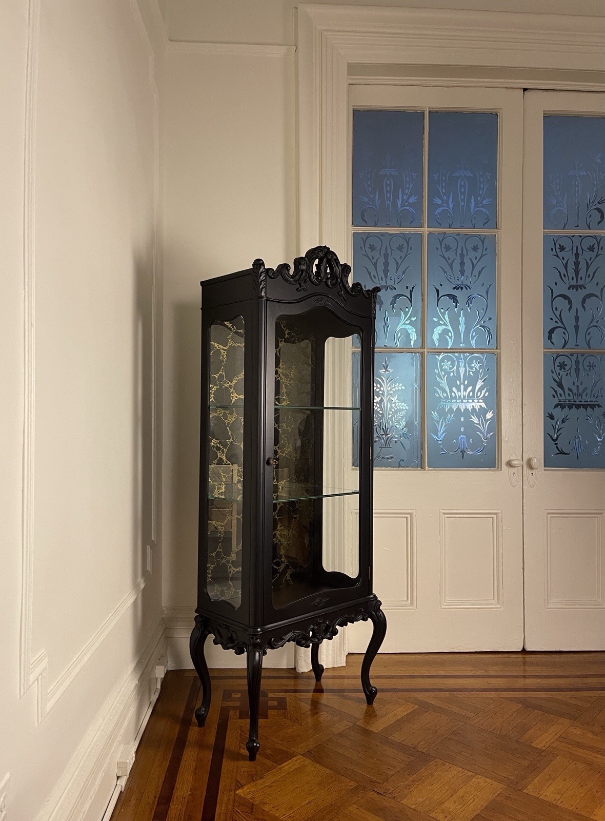 Vintage 1960s French Glass Matte Black Wood Illuminated Vitrine Curio Cabinet