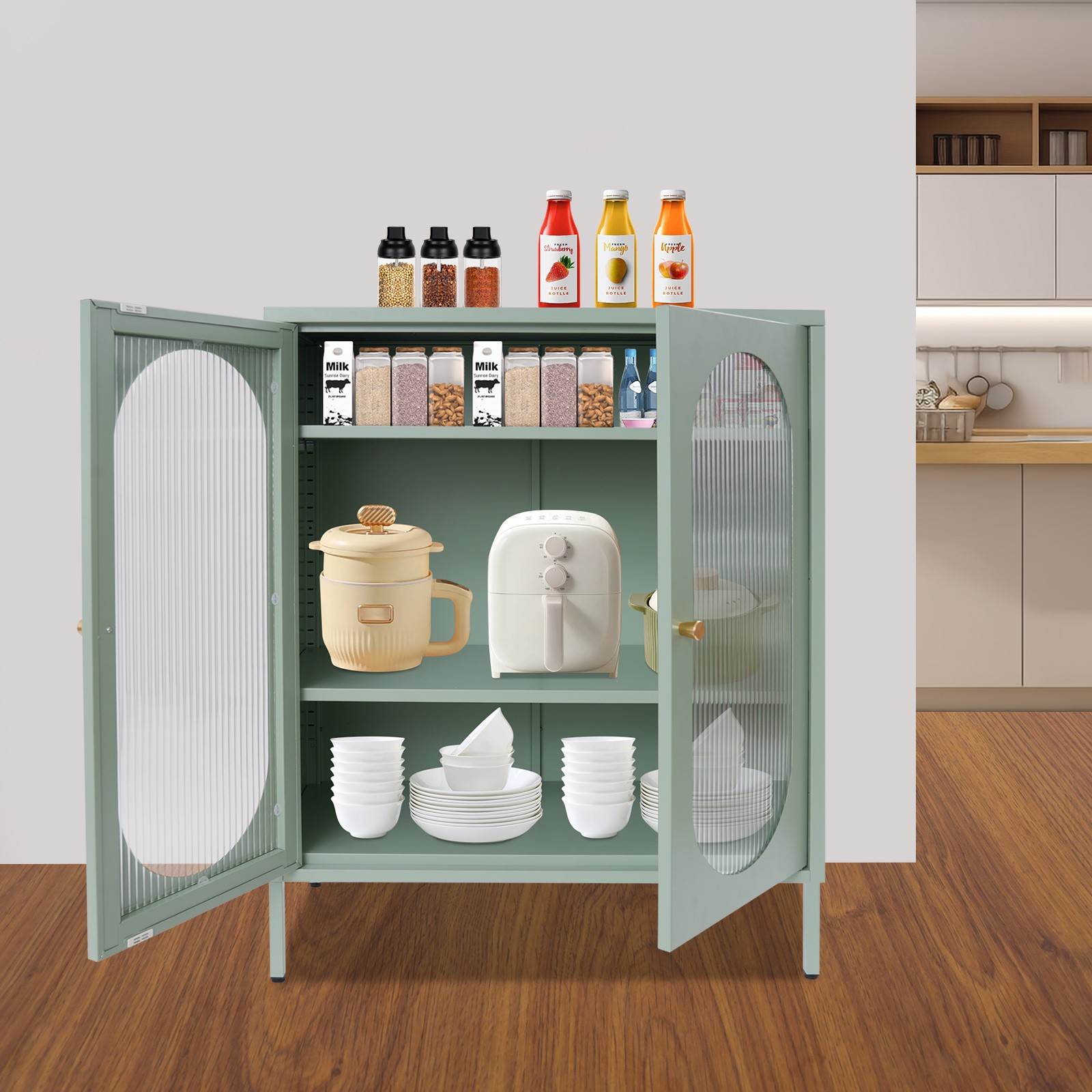 3 Tiers Storage Cabinet, Iron Accent Cabinet, Pantry Organizer (Creamy Green)