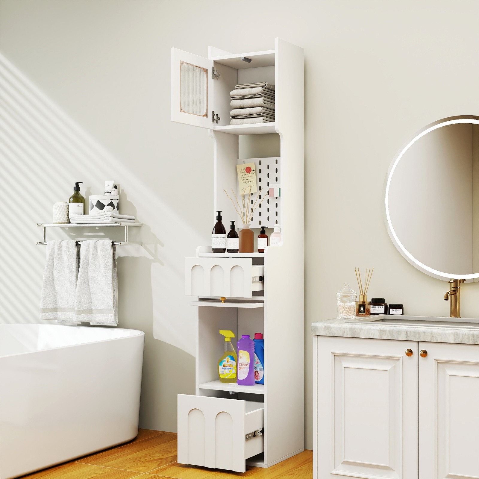 Tall Bathroom Storage Cabinet with Drawers, White, 70.87″H x 13.78″W