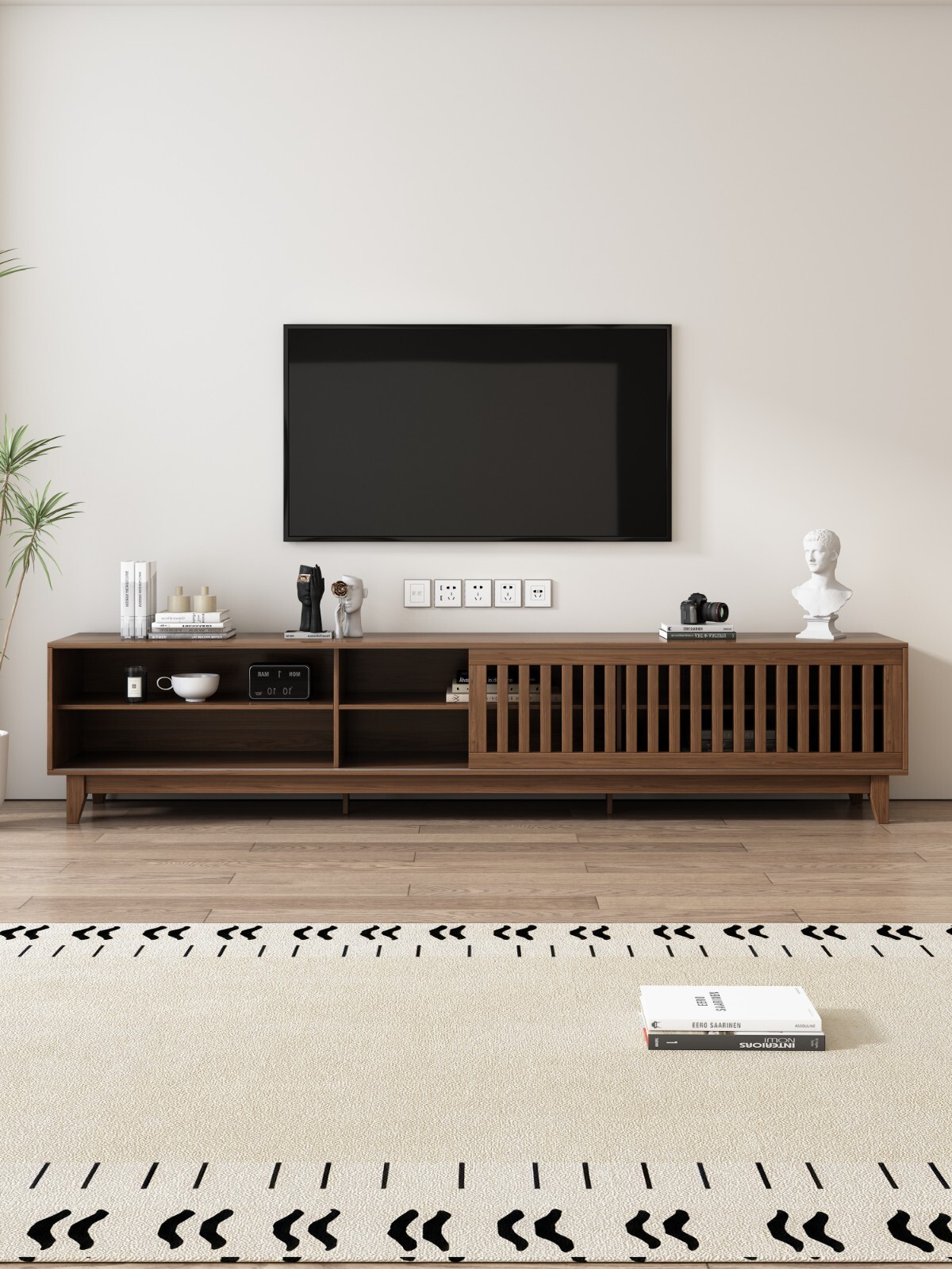 94.48″ Walnut TV Stand Entertainment Center Storage Shelves with Ample Storage