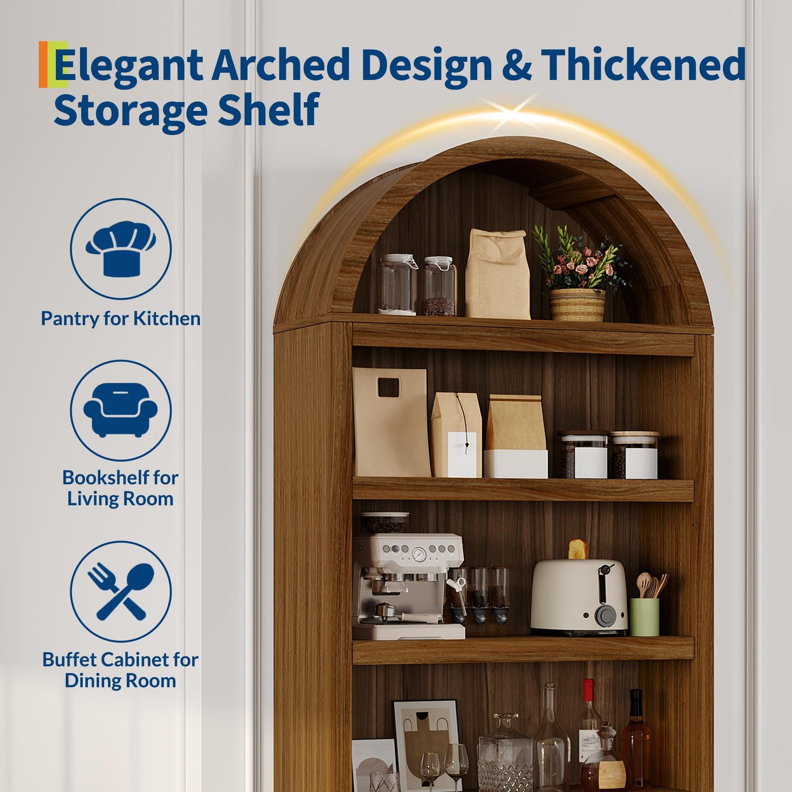 Garvee 71 in Walnut Arched Pantry Cabinet, 6-Tier Open Shelf with Drawer, Mid…