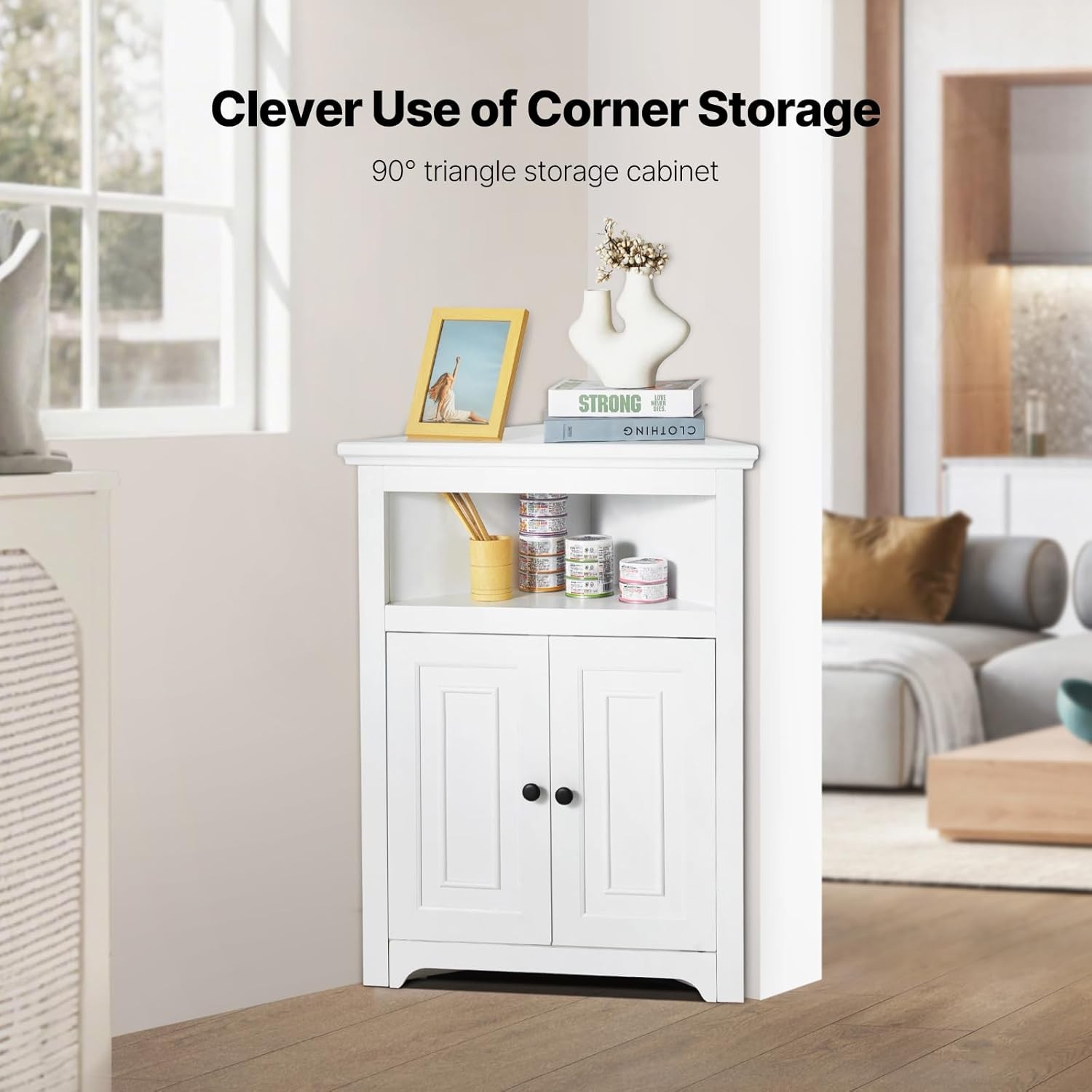 32″ Corner Storage Cabinet, 3 Tiers Small Storage Cabinet with 2 Wooden Doors