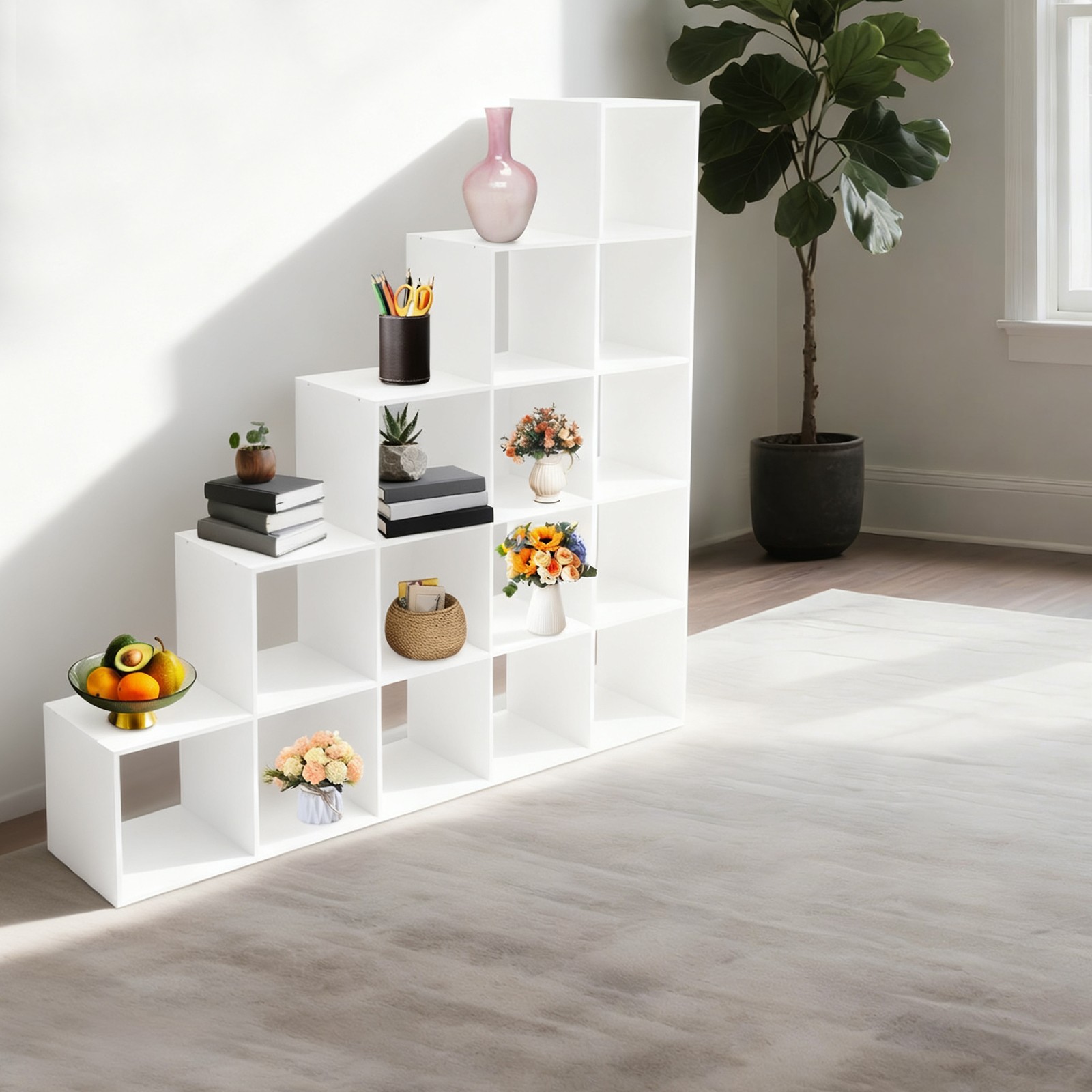 White Ladder Cube Storage Bookcase, L-Shaped Corner Shelf, 15-Cube Organizer