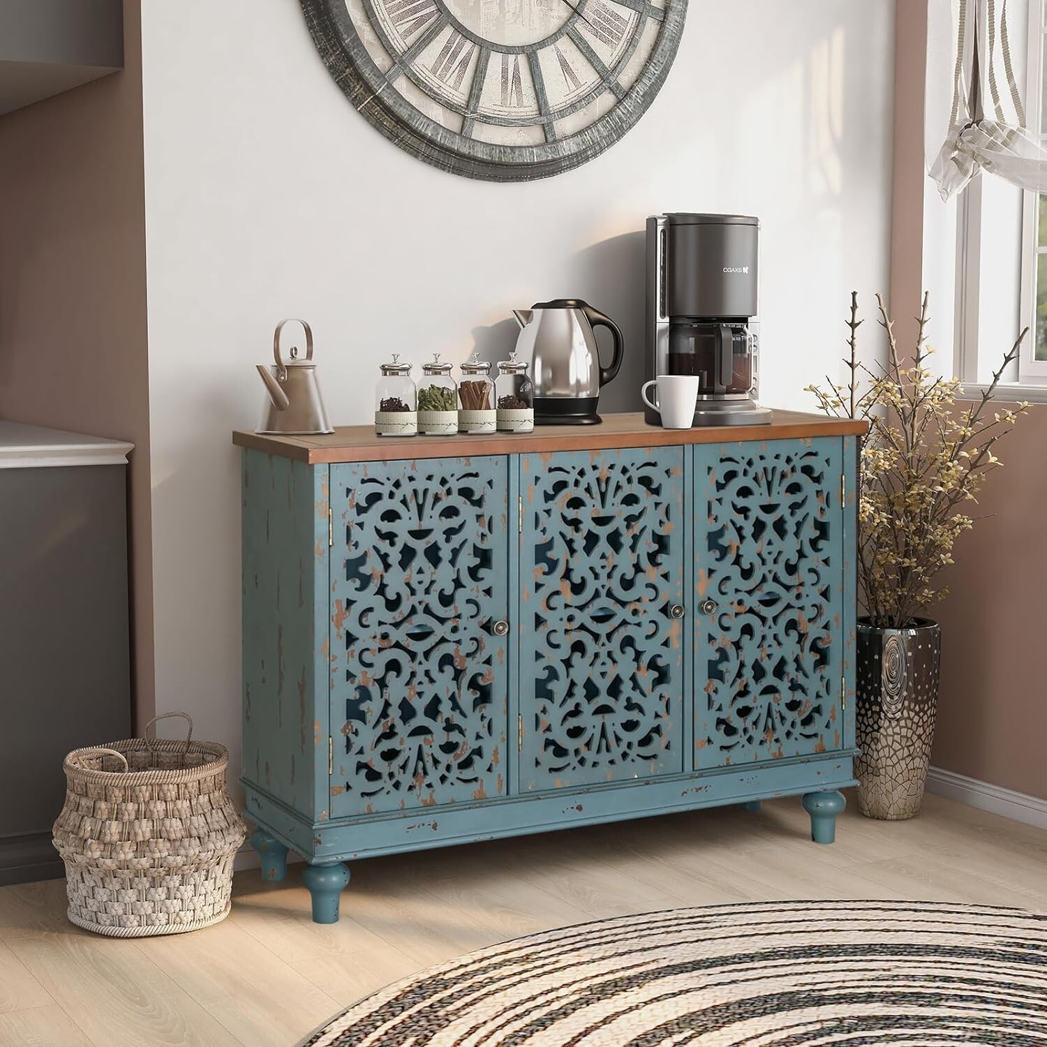 Sideboard Buffet Storage Cabinet w/3 Door Farmhouse Coffee Bar Cabinet Carved