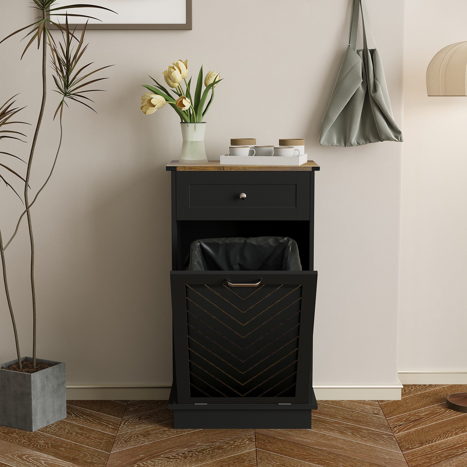 Kitchen Trash Can Cabinet with Tilt-Out Door & Drawer | Hideaway Bin Organizer