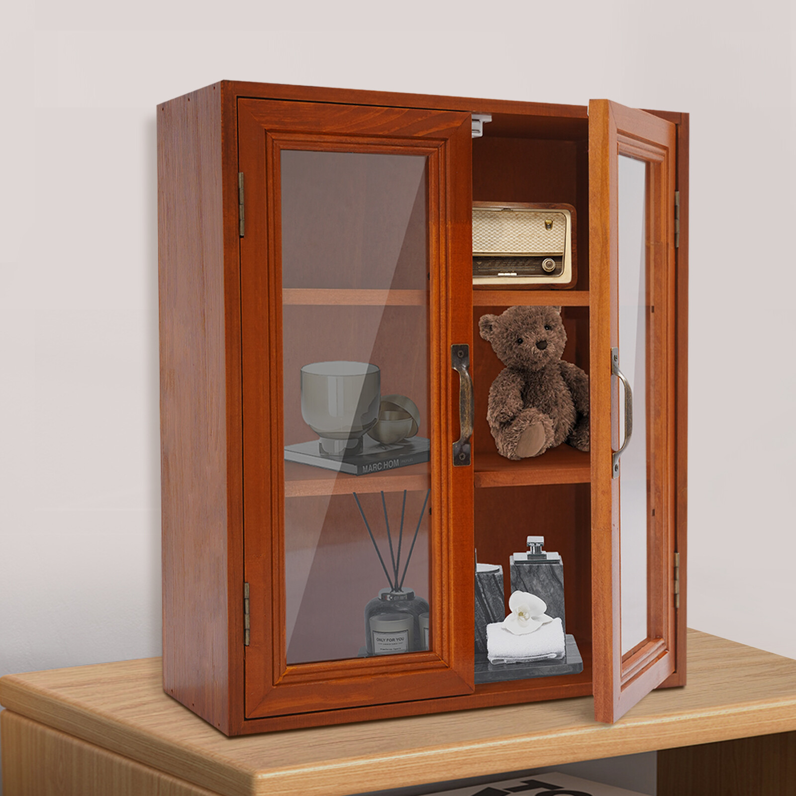 Wooden Cabinet Storage Organizer Clear Magnetic Doors 3 Tier Home Storage Shelf