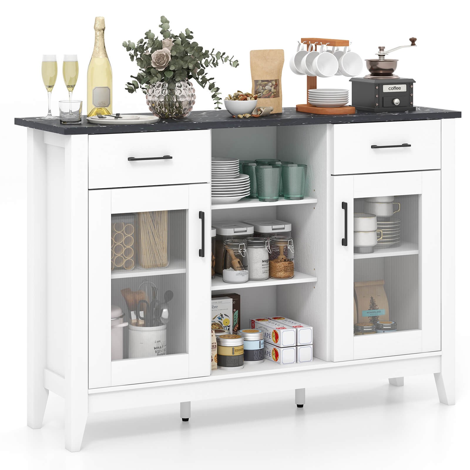 Sideboard Buffet Cabinet w/2 Drawers 2 Doors 3 Open Compartments 4 Shelves