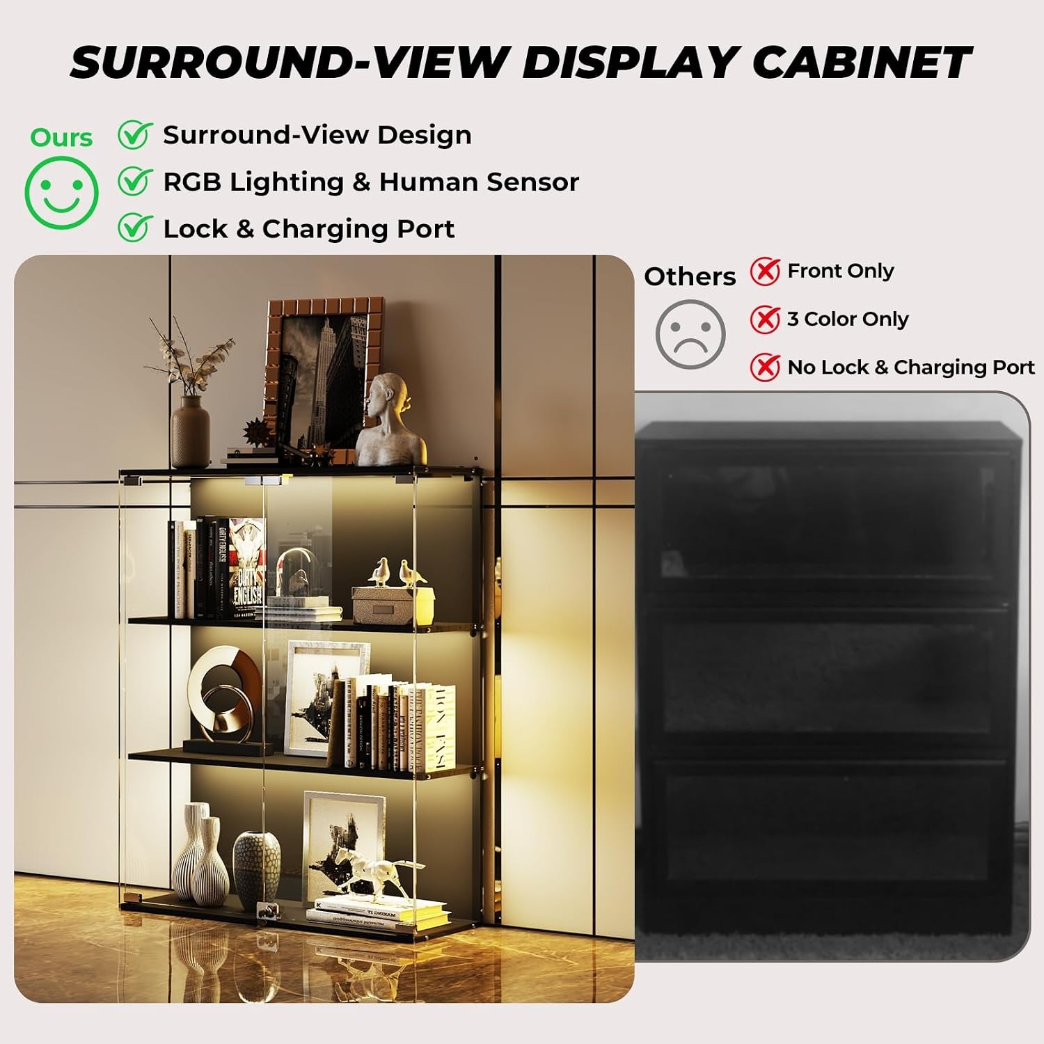 Glass Display Cabinet with RGB LED Lights Full-View Display 3-Tier Display Case