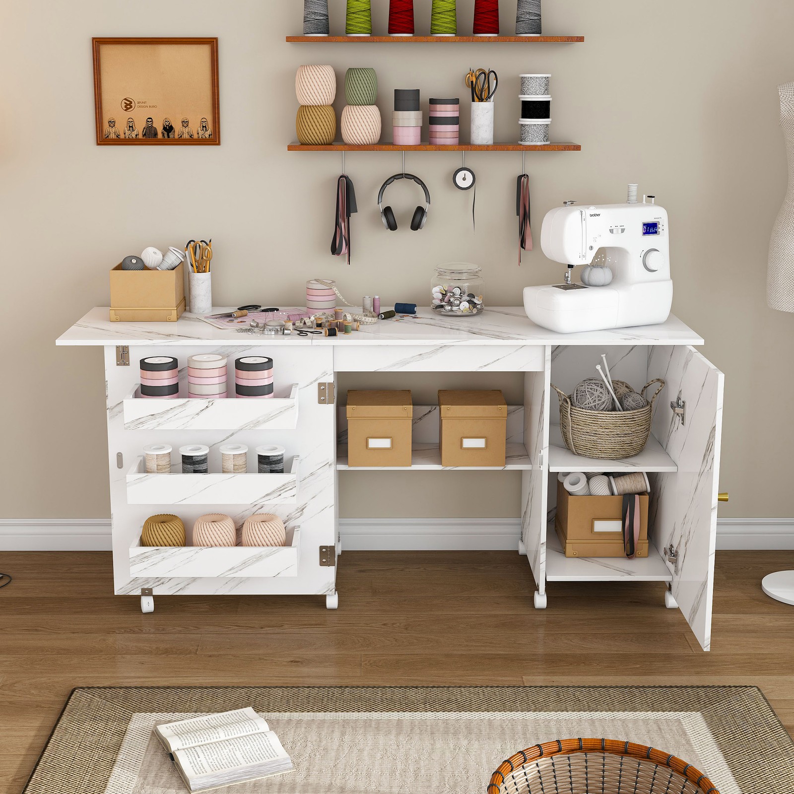 Foldable Sewing Machine Table,Adjustable Sewing Storage Cabinet with Shelves
