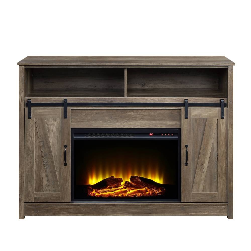 Rustic Oak TV Stand Fireplace Mantel w/Shelf Storage & Heater