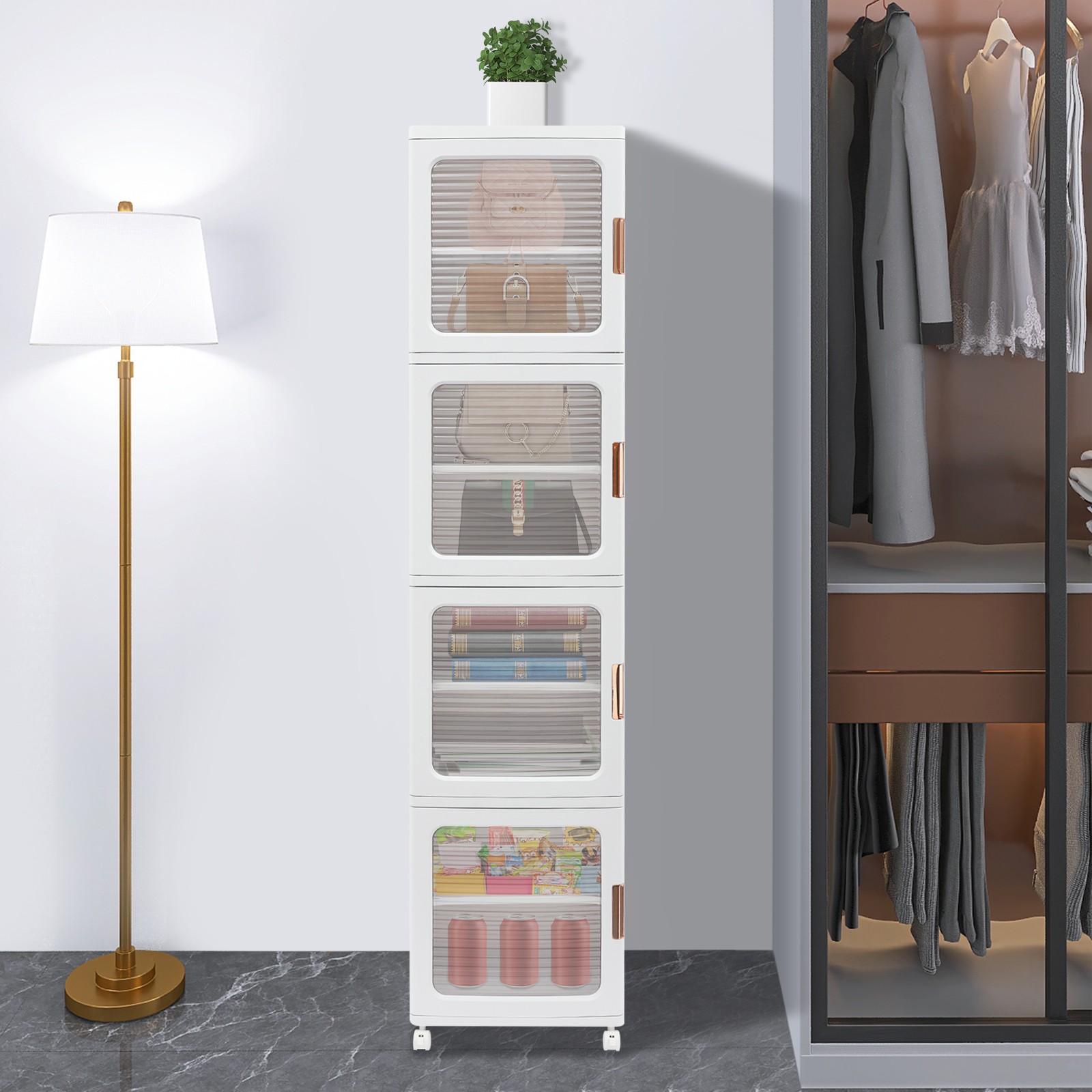 4-Tier Tall Narrow Storage Cabinet Organizer, Slim Bathroom Cabinets with Doors