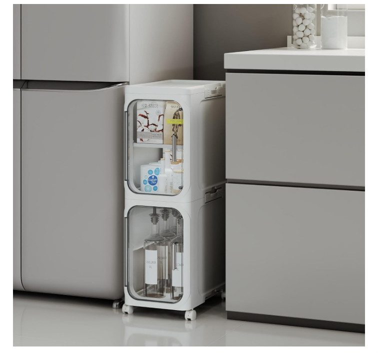 Slim 2-Tier Storage Cabinet with Wheels, Adjustable Shelves for Small Spaces