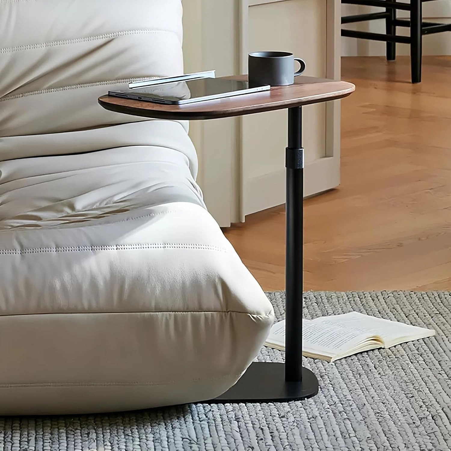 Modern Minimalist C Shaped Side Table, Wooden Sofa Table with Adjustable Height