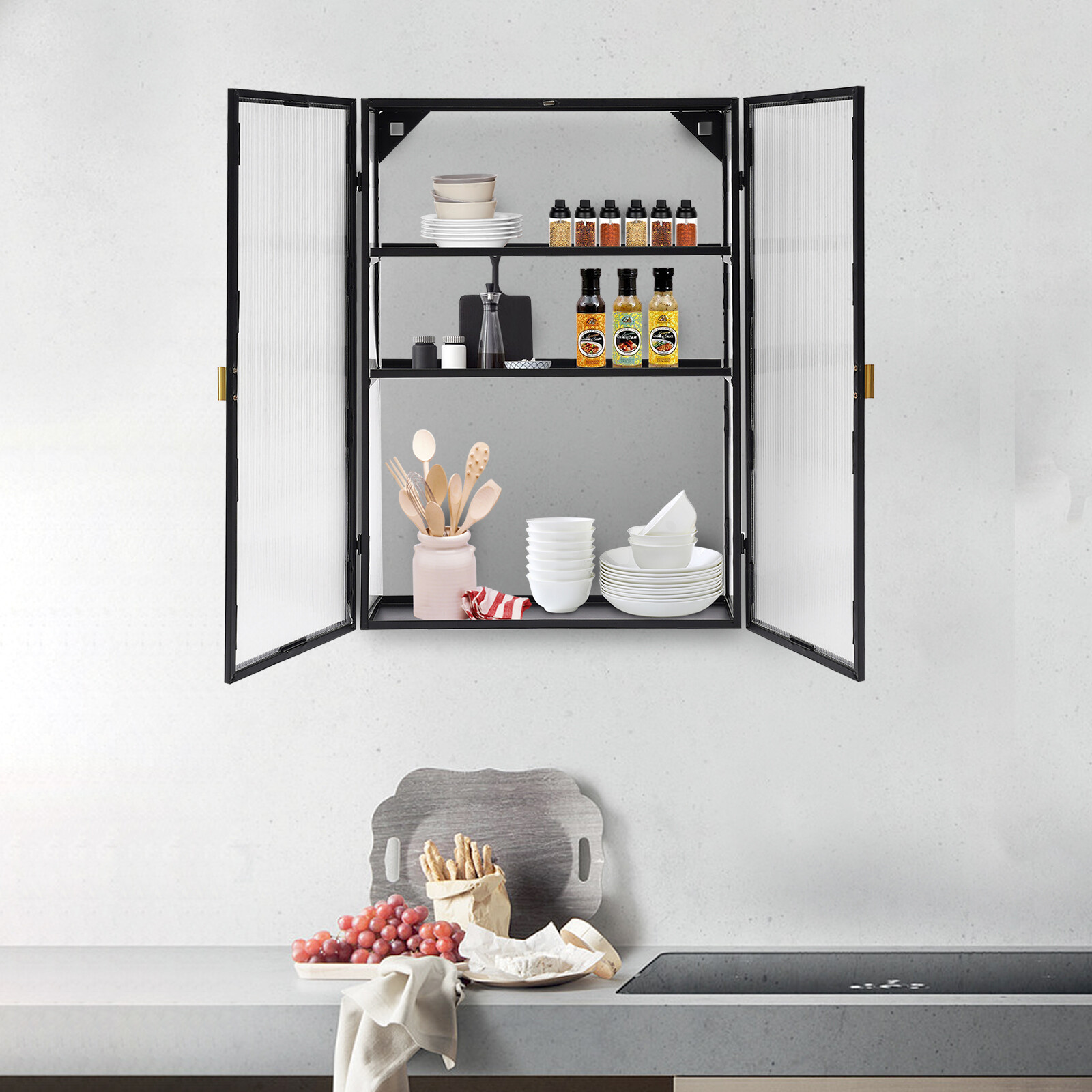 Retro Style Haze Double PC Door Wall Cabinet with Detachable Shelves for Office