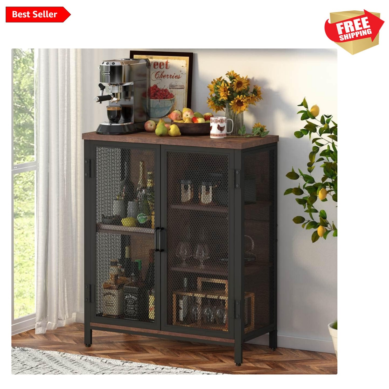 Coffee Bar Cabinet for Liquor, Small Storage Cabinet for Home Kitchen, Farmho…
