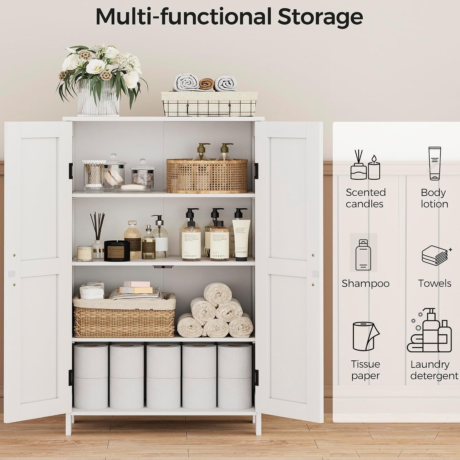 43.3″ H Farmhouse Bathroom Storage Cabinet with Adjustable Shelves