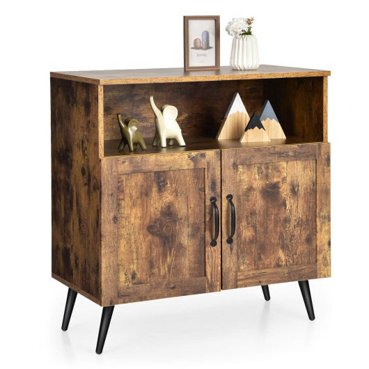 Mid-century Wooden Storage Cabinet Wine Glass Holders-Rustic Brown – Color: Rust