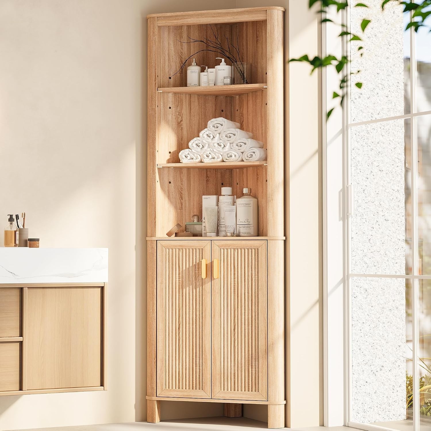 69″ Tall Corner Shelf with Doors 6-Tier Corner Storage Cabinet with Doors Space