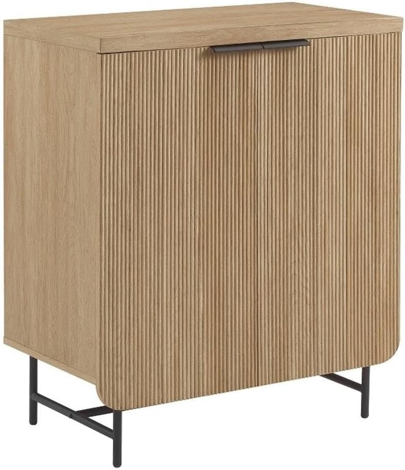 32″ Scandinavian Wood Accent Cabinet Oak & Black Finish Fluted Door Fronts