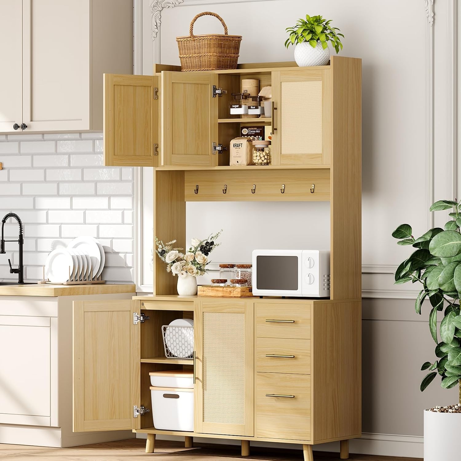 Kitchen Pantry Cabinet Freestand Rattan Boho Hutch with Microwave Shelf 3 Drawer