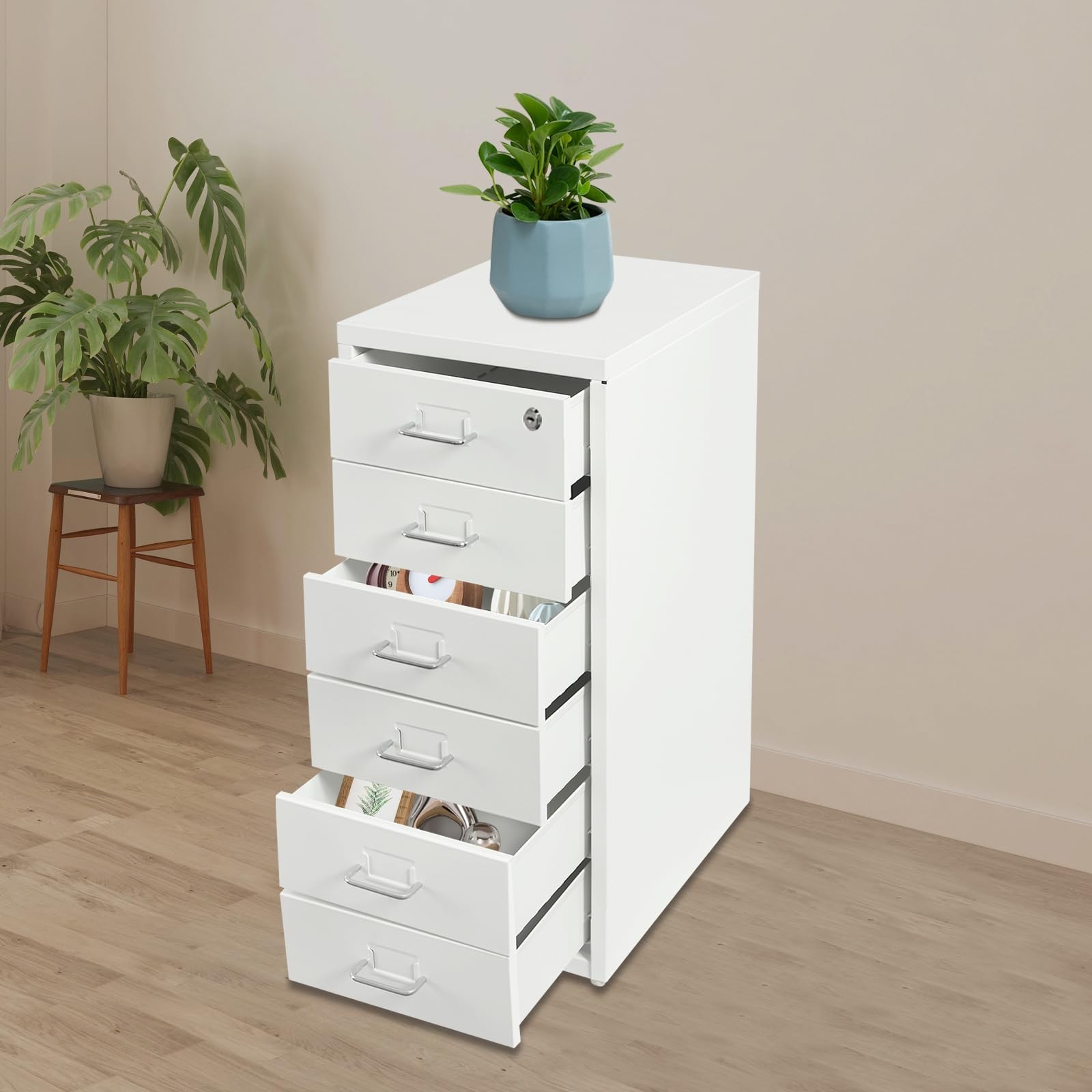 6 Drawer Vertical File Cabinet Rolling Wheels Cold Rolled Steel 27 Inch White